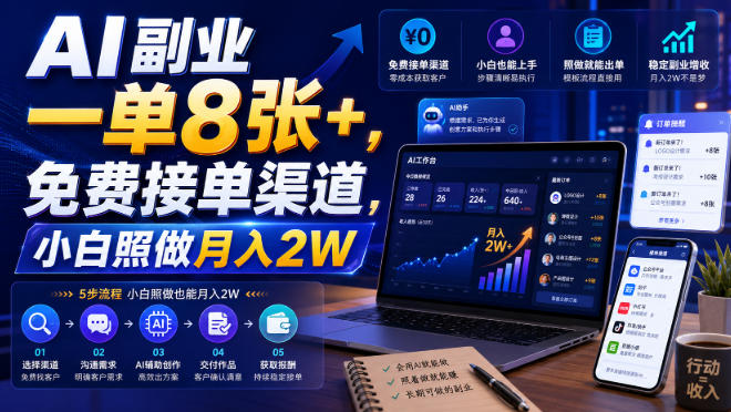 AI副业一单8张+，免费接单渠道，小白照做变现2W