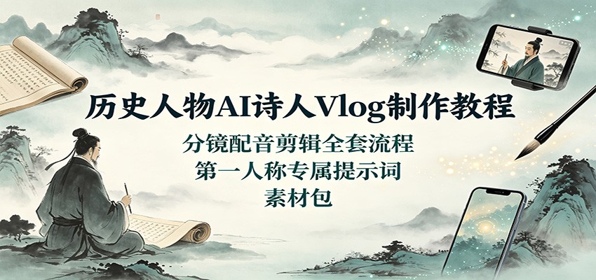 历史人物AI诗人Vlog教程：杜甫分镜配音剪辑全流程，附提示词素材包
