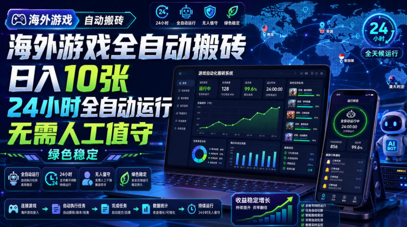 海外游戏自动化搬砖变现10张，24小时G机无人值守稳定赚钱