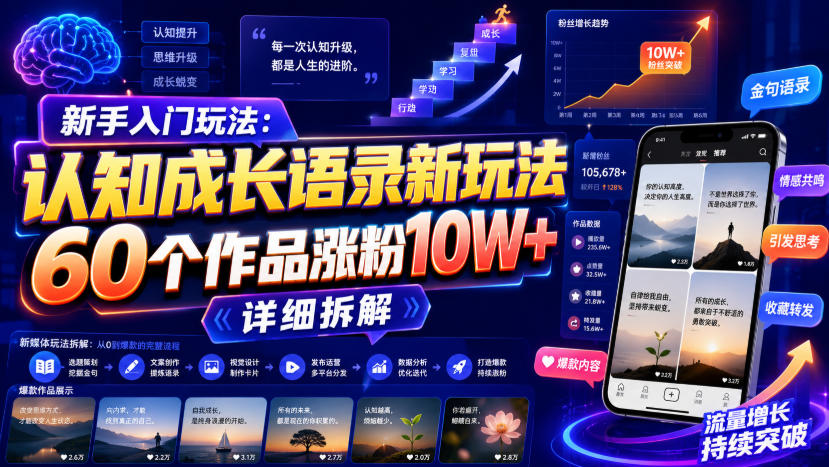 新手入门玩法：认知语录视频，60个作品涨粉10W+，详细拆解教程