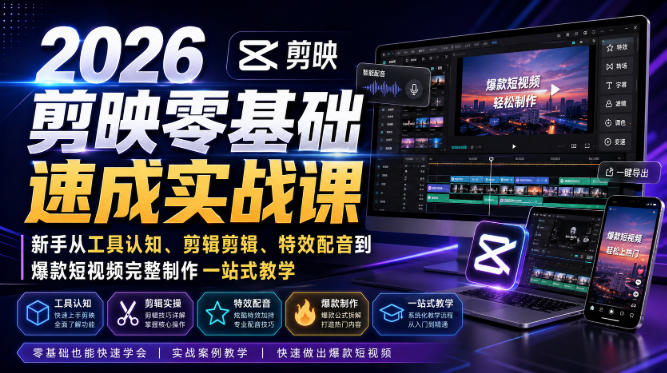 2026剪映零基础速成课：新手剪辑调色配音特效到爆款短视频实战教学