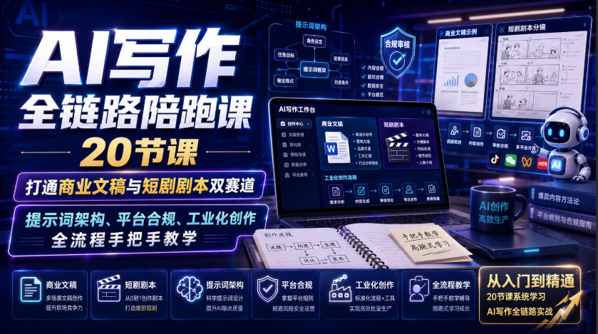AI写作全链路陪跑课：20节实战课打通商业文稿与短剧剧本，提示词架构、平台合规、工业化创作全流程教学
