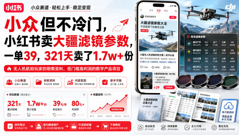 大疆滤镜调色变现，小红书冷门赛道，零货源卖虚拟资料，单月利润66W+