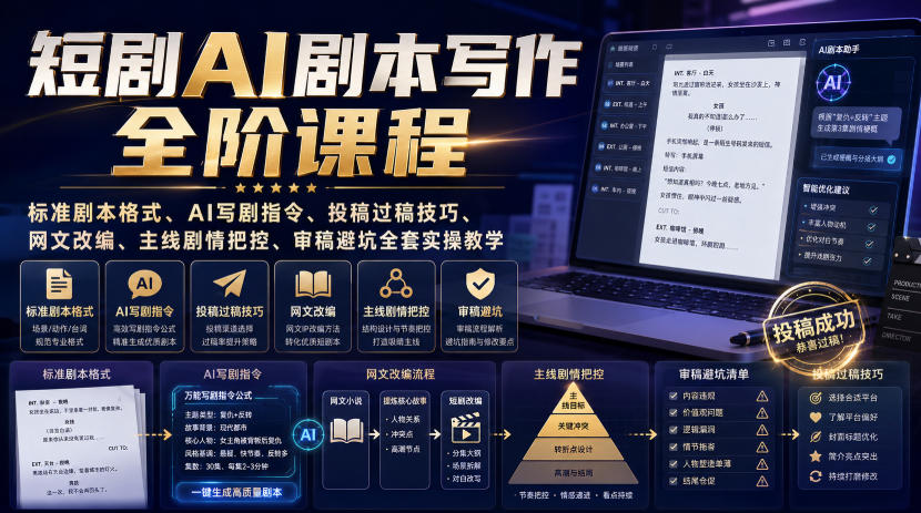 短剧AI剧本写作全阶课：格式模板+过稿技巧+网文改编实操