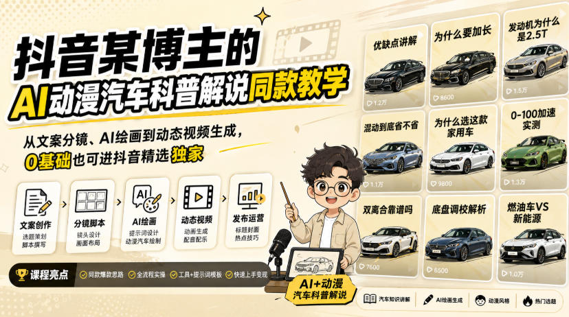AI动漫汽车科普视频制作课：0基础学文案分镜与AI绘画动态生成