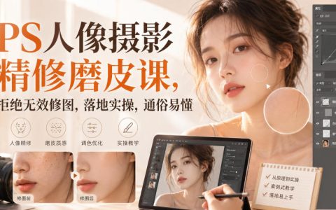 PS人像精修磨皮课：中性灰高低频双曲线商业修图实战