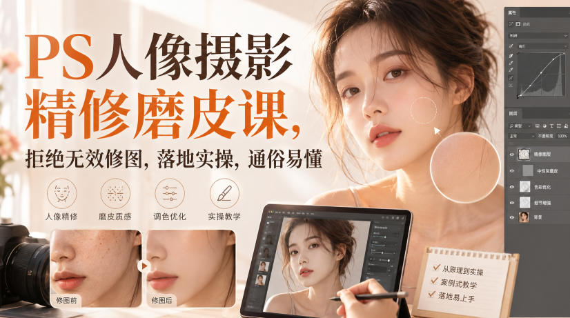 PS人像精修磨皮课：中性灰高低频双曲线商业修图实战