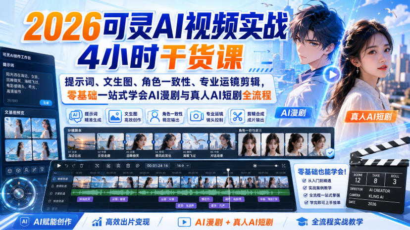 2026可灵AI视频实战课：提示词文生图角色一致性运镜剪辑，零基础学AI漫剧短剧全流程
