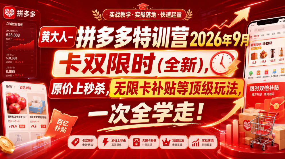 黄大人拼多多特训营2026，卡双限时原价上秒杀，无限卡补贴强付费冷启动