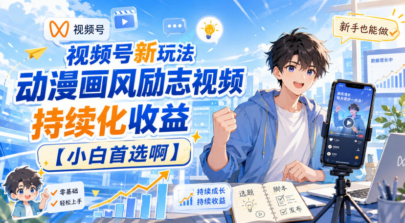 视频号动漫画风励志视频新玩法，AI生成爆款持续变现小白副业首选