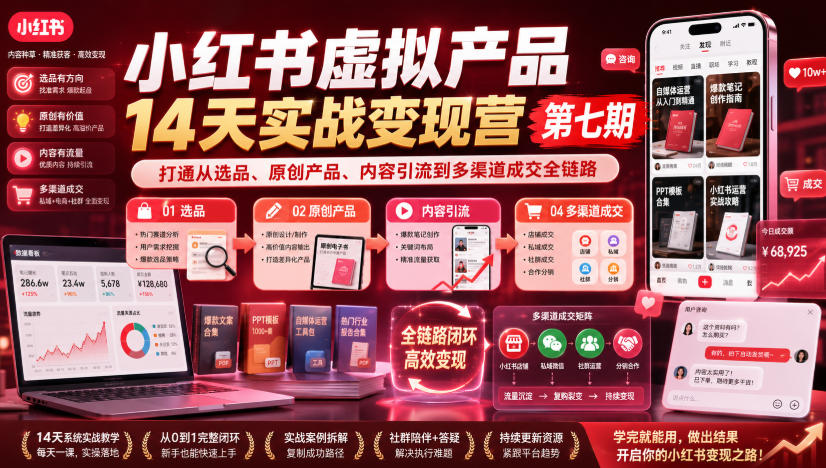 小红书虚拟产品变现营：AI选品原创到多渠道成交全链路
