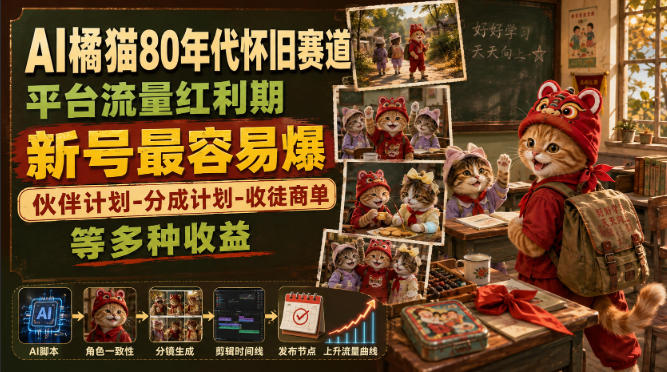 AI橘猫80年代怀旧视频，新号流量红利期，272条作品涨粉51W，小白也能学会