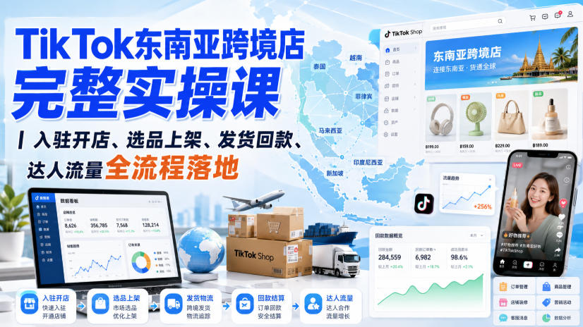 TikTok东南亚跨境店实操课：入驻开店选品上架发货回款达人带货全流程