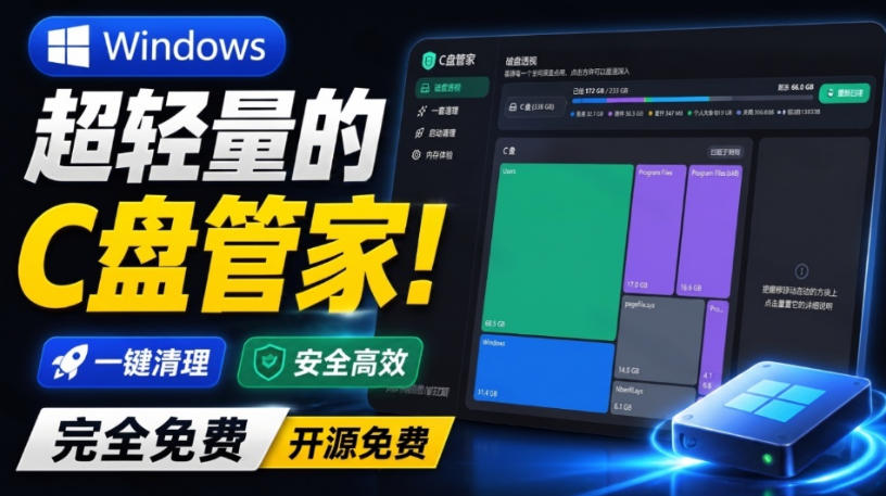 C盘空间不足？2.4MB免费C盘管家，秒级磁盘分析+安全清理工具