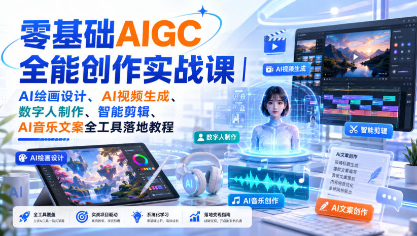 零基础AIGC全能创作实战课：AI绘画设计、AI视频生成、数字人制作、智能剪辑、音乐文案全工具落地教程