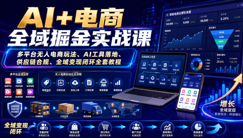 AI+电商全域掘金实战课：抖音视频号拼多多半无人直播与AI工具变现
