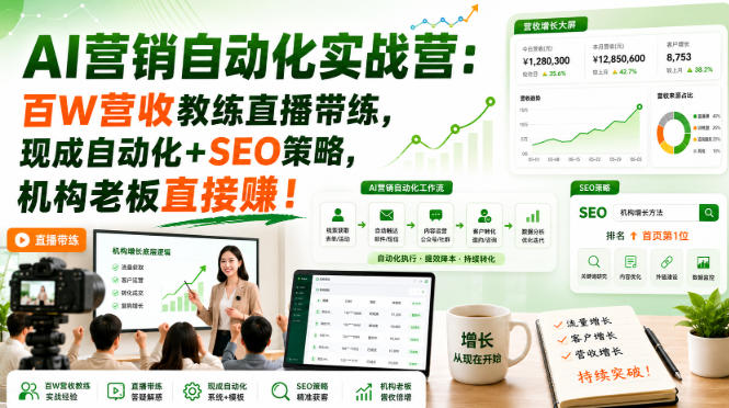 AI营销自动化实战营：百万营收教练直播带练，SEO+自动化策略，机构老板直接赚