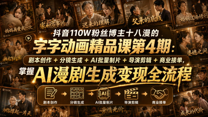 抖音110W粉博主十八漫AI漫剧变现课：剧本分镜剪辑+商业接单全流程