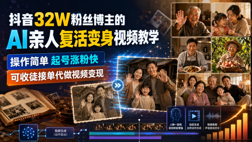 AI复活亲人视频教程，32W粉博主亲授，小白接单变现