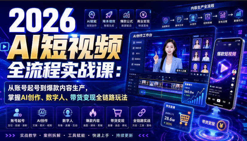 2026 AI短视频实战课：从起号到爆款，DeepSeek+剪映+数字人带货变现全攻略