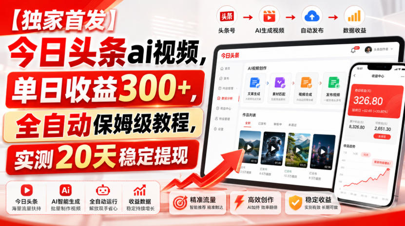 今日头条AI视频自动化G机教程，单日收益300方法稳定提现