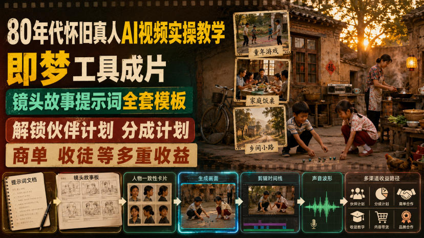 80年代怀旧AI视频实操教学，即梦工具成片+镜头提示词模板，零基础变现副业