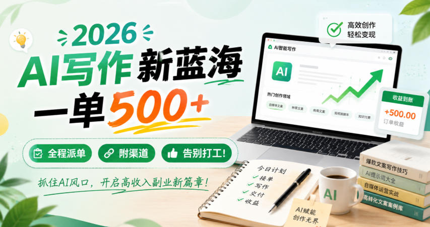 2026 AI代写新蓝海,一单500方法全流程派单,零基础副业变现2W 2026 AI代写新蓝海,一单500方法全流程派单,零基础副业变现2W