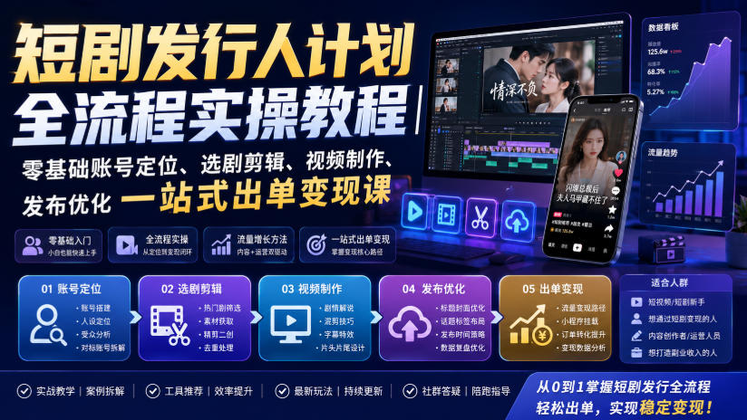 短剧发行人计划全流程实操教程：零基础账号定位选剧剪辑发布变现课