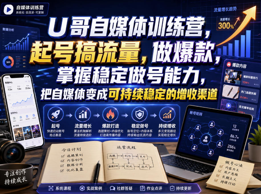 U哥自媒体训练营起号搞流量做爆款，掌握稳定做号能力实现可持续增收