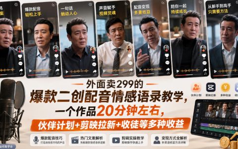 爆款二创配音情感语录实操课，手机剪辑起号变现，解决素材限流痛点