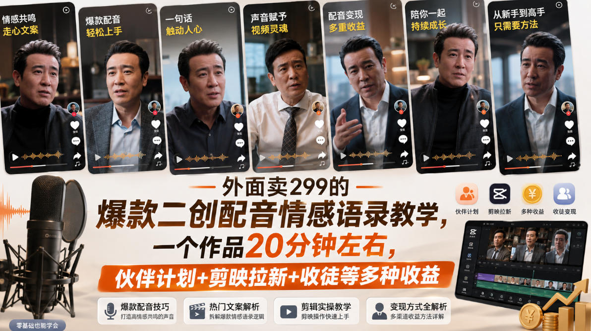爆款二创配音情感语录实操课，手机剪辑起号变现，解决素材限流痛点