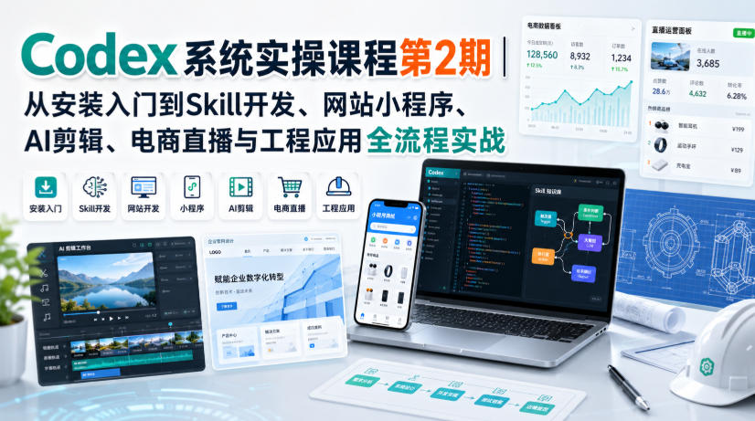 Codex实操课第2期：从安装到Skill开发，网站小程序、AI剪辑、电商直播与工程应用全流程实战