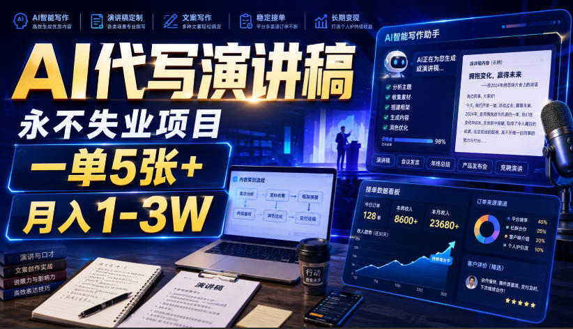 AI代写演讲稿赚钱项目，AI工具副业变现1-3W，新手兼职写作变现
