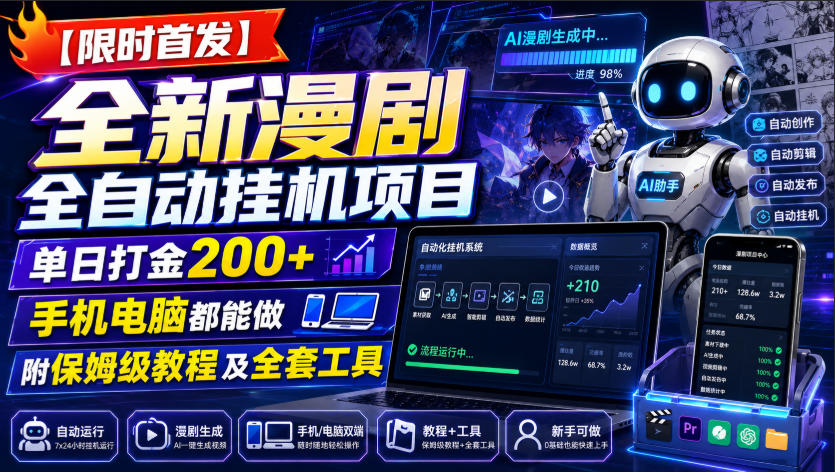 漫剧G机打金新项目，自动化脚本变现200方法，附教程工具
