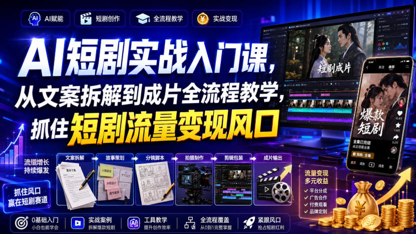 AI短剧实战入门课：从文案拆解到成片全流程教学，零基础抓住短剧流量变现风口