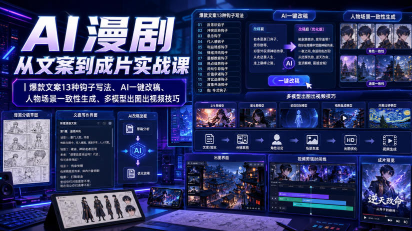 AI漫剧实战课：爆款文案13种钩子写法、AI配音克隆、即梦Sora出图视频技巧