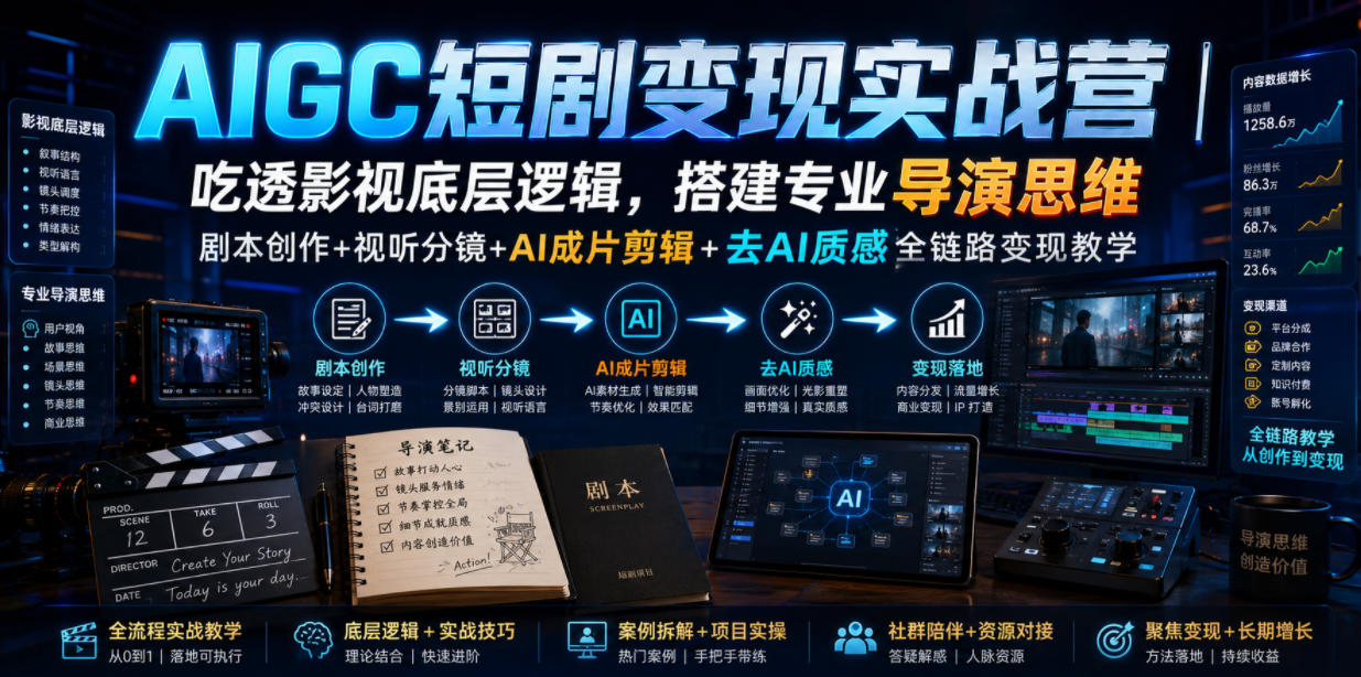 AIGC短剧变现实战营:导演思维+分镜剪辑+去AI感,全链路教学 AIGC短剧变现实战营:导演思维+分镜剪辑+去AI感,全链路教学