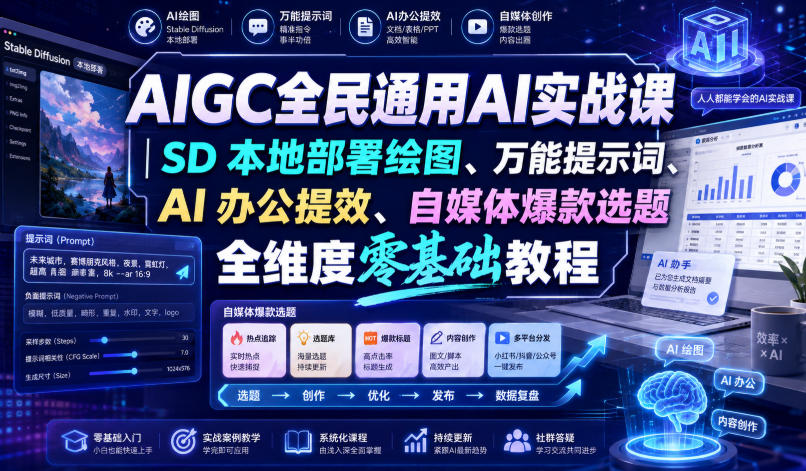 AIGC实战课零基础入门：SD本地部署绘图+万能提示词+AI办公提效+自媒体爆款选题