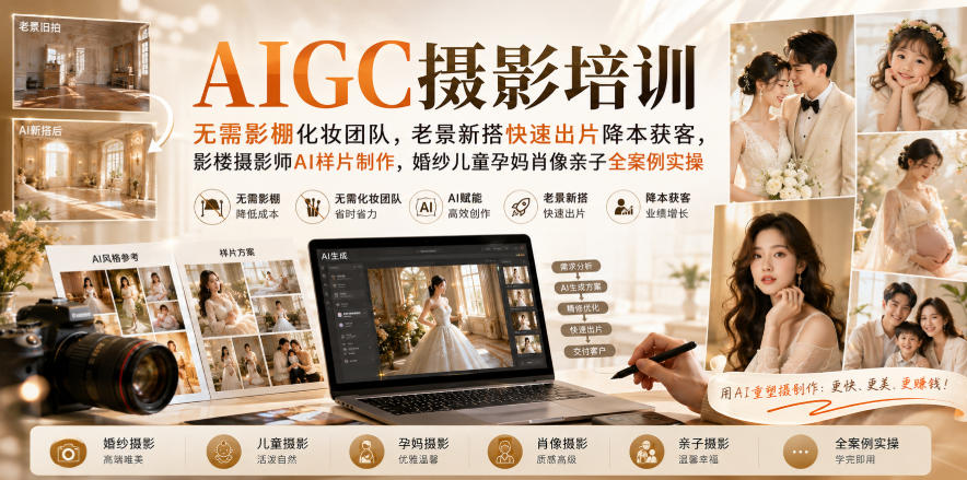 AIGC摄影培训AI商业样片制作，婚纱儿童孕妈亲子全案例实操，影楼降本增效快速出片