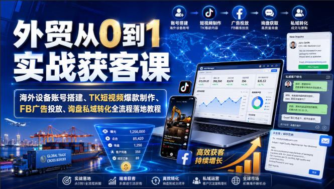 外贸获客实战课：TikTok+Facebook从0到1接询盘，海外账号搭建与广告投放全流程