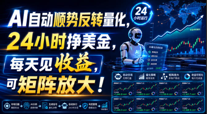 AI自动顺势反转量化交易系统，24小时赚美金，新手可矩阵放大收益