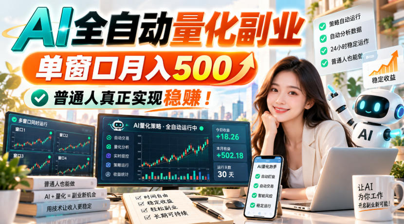 AI自动化量化副业，服务器免费托管，单窗口变现500步骤稳赚
