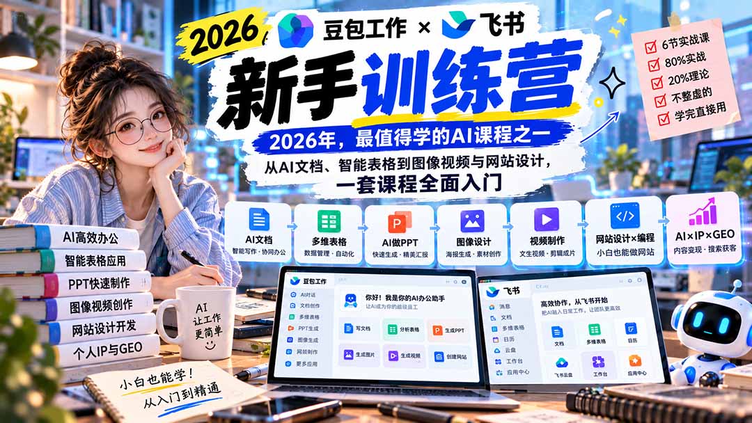 2026豆包工作+飞书新手训练营：AI文档表格PPT图像视频网站设计全入门