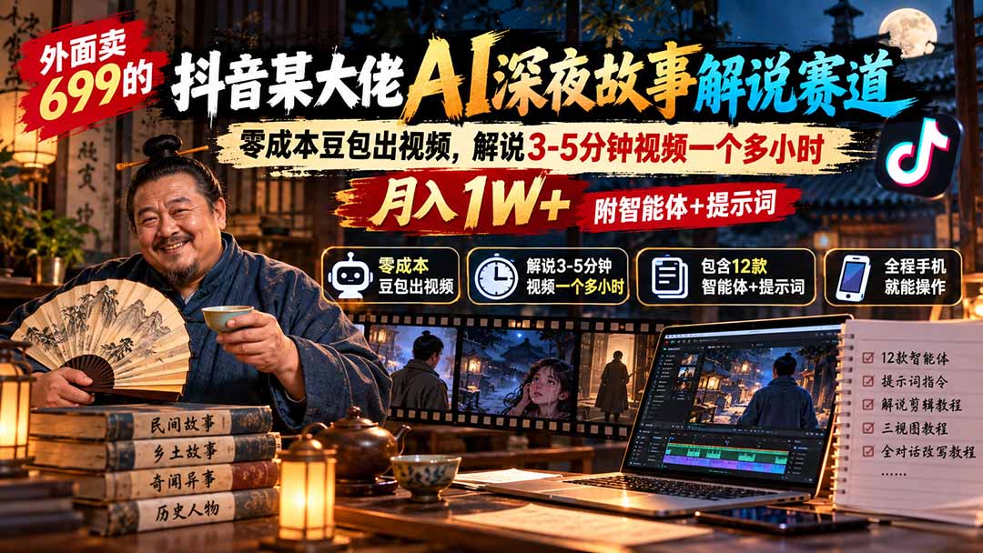 豆包AI深夜故事解说教程 低成本手机做视频变现1W+附12款智能体提示词