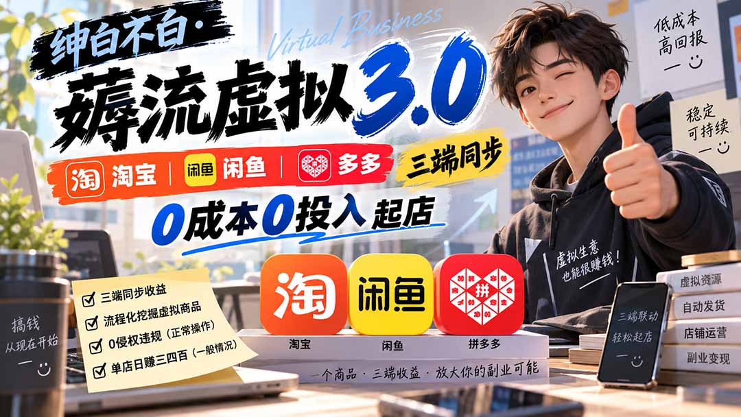 绅白不白薅流虚拟3.0淘宝闲鱼拼多多三端同步低成本起店