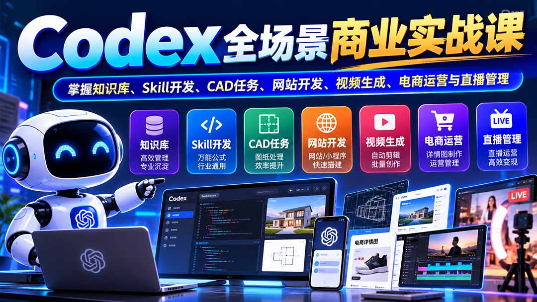 Codex全场景实战：知识库Skill开发CAD网站视频电商直播