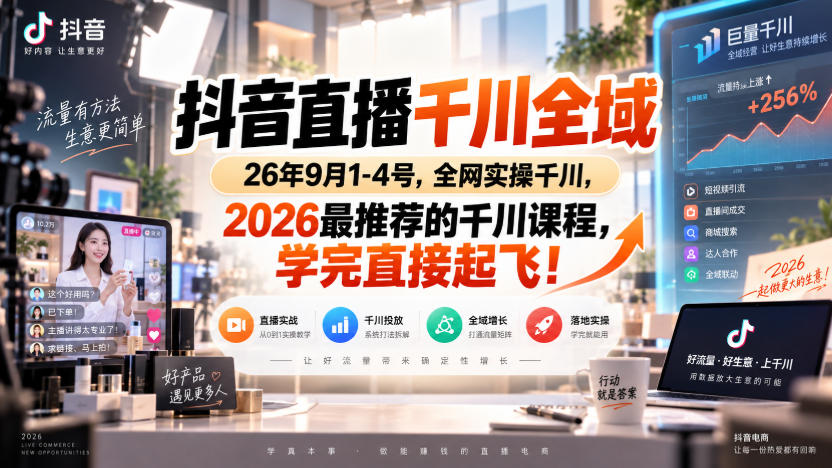 抖音直播千川全域实操课，2026最新自然流+付费投流高投产技巧