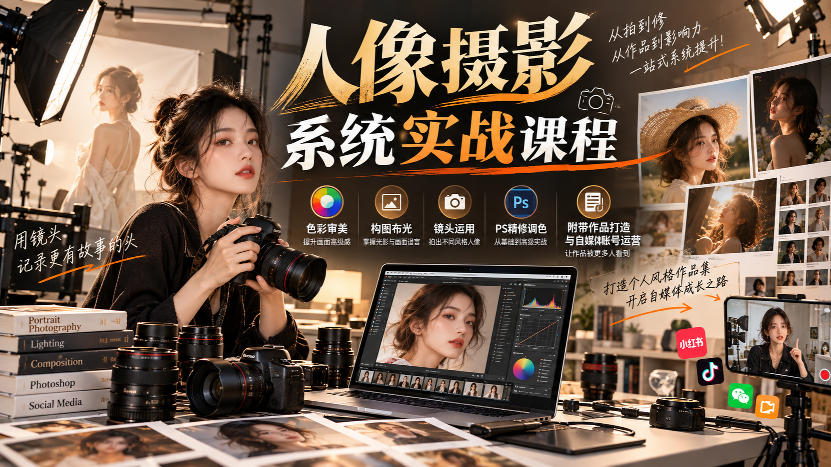 人像摄影系统实战课：色彩构图布光+PS精修调色与自媒体运营