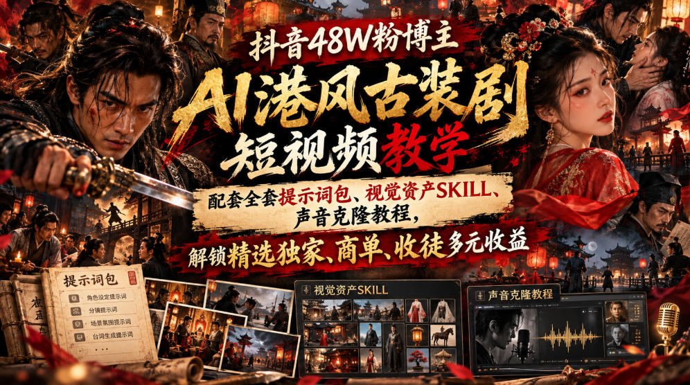 抖音48W粉博主AI港风古装剧短视频教学 提示词包声音克隆商单变现