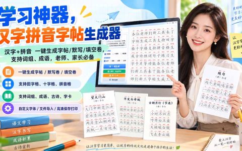汉字拼音字帖生成器，一键生成田字格字帖默写填空卷，支持词组成语打印